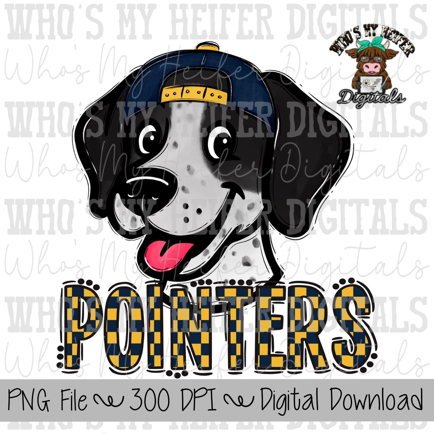 Navy & Yellow Pointers PNG Hand Drawn Pointer with Hat Sublimation PNG Game Day Shirt Designs School Spirit PNG Checkered Pointer Kid Mascot