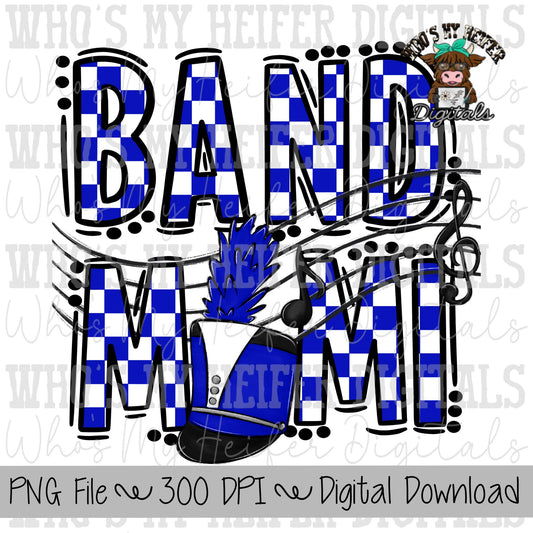 Blue and White Band Mimi PNG Hand Drawn Checkered Band Grandma Sublimation PNG Band Game Day Shirt Design Marching Band Mimi Digital Art