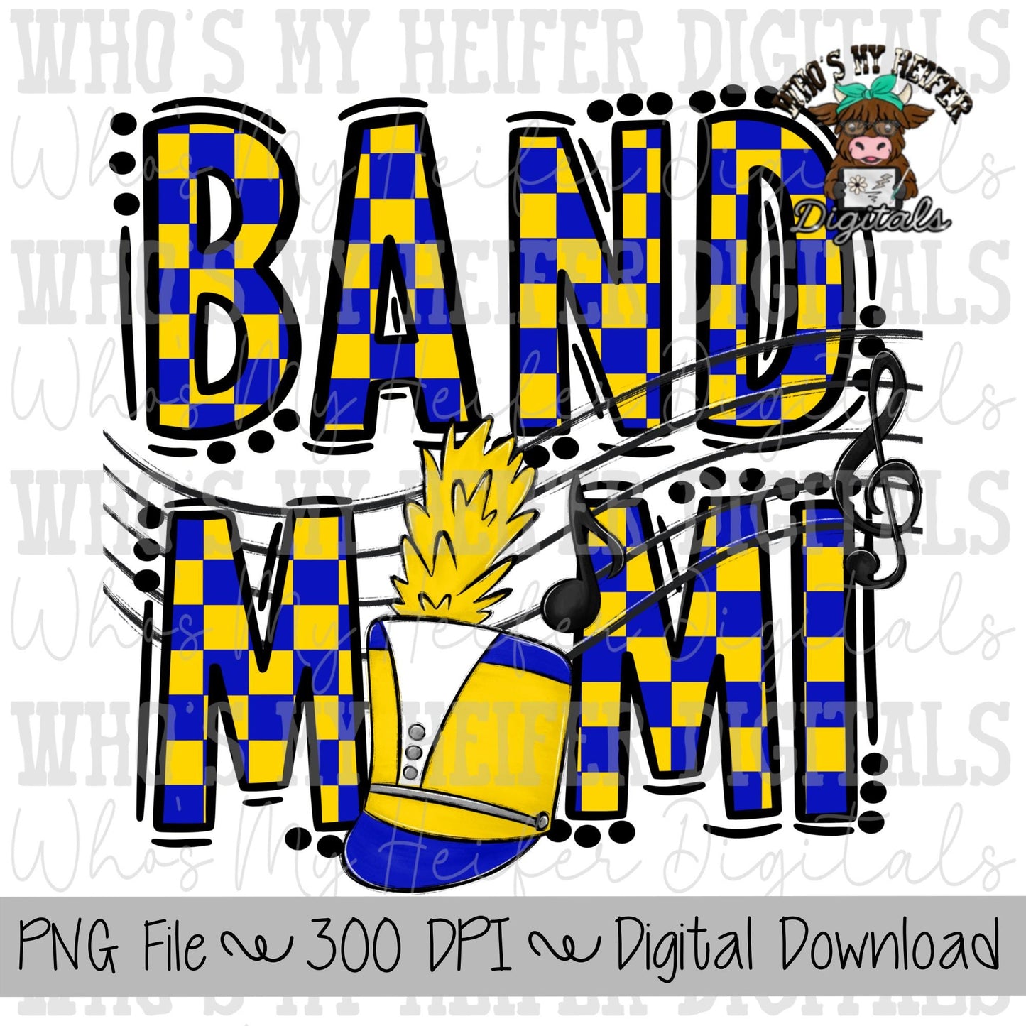 Blue and Yellow Band Mimi PNG Hand Drawn Checkered Band Grandma Sublimation PNG Band Game Day Shirt Design Marching Band Mimi Digital Art
