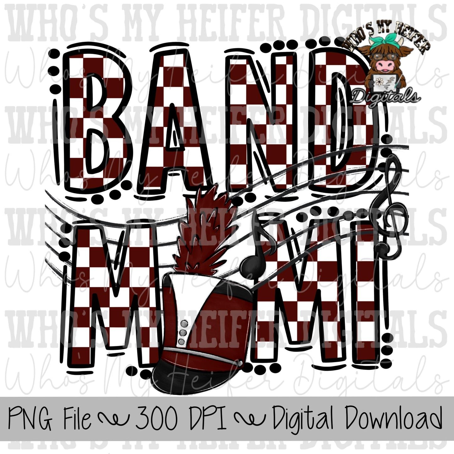 Maroon and White Band Mimi PNG Hand Drawn Checkered Band Grandma Sublimation PNG Band Game Day Shirt Design Marching Band Mimi Digital Art
