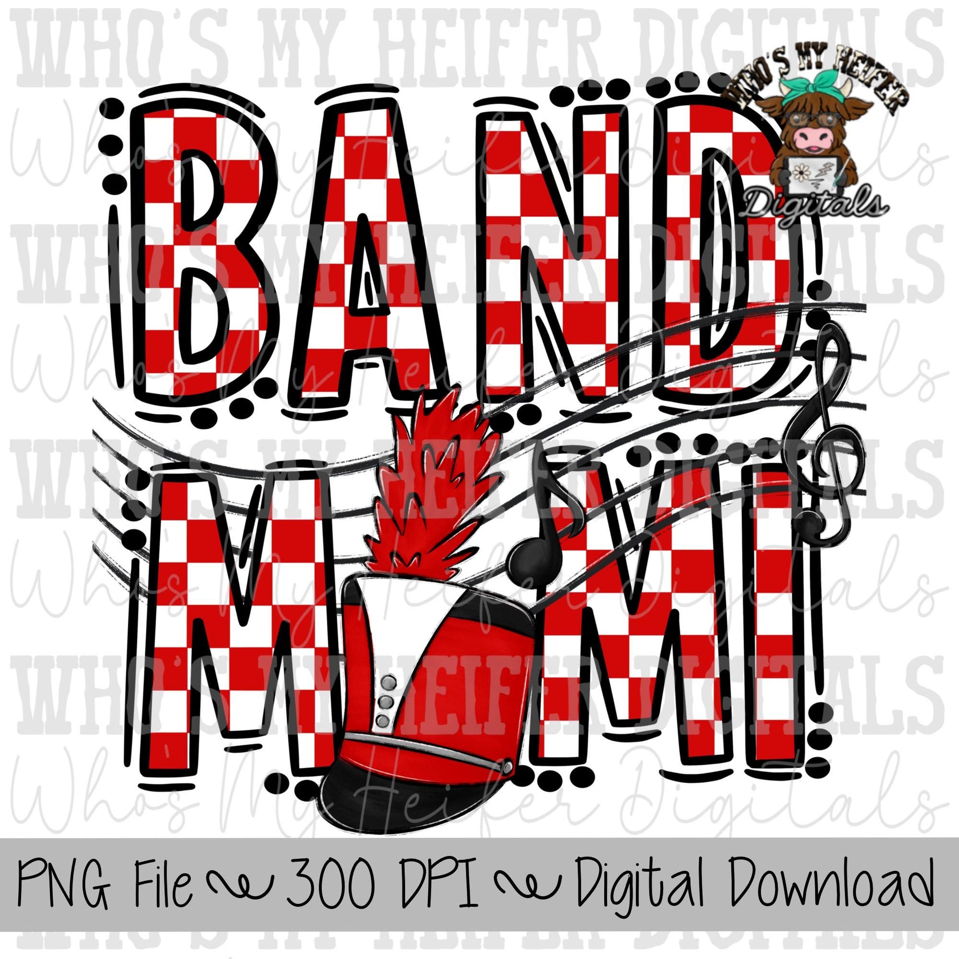 Red and White Band Mimi PNG Hand Drawn Checkered Band Grandma Sublimation PNG Band Game Day Shirt Design Marching Band Mimi Digital Art
