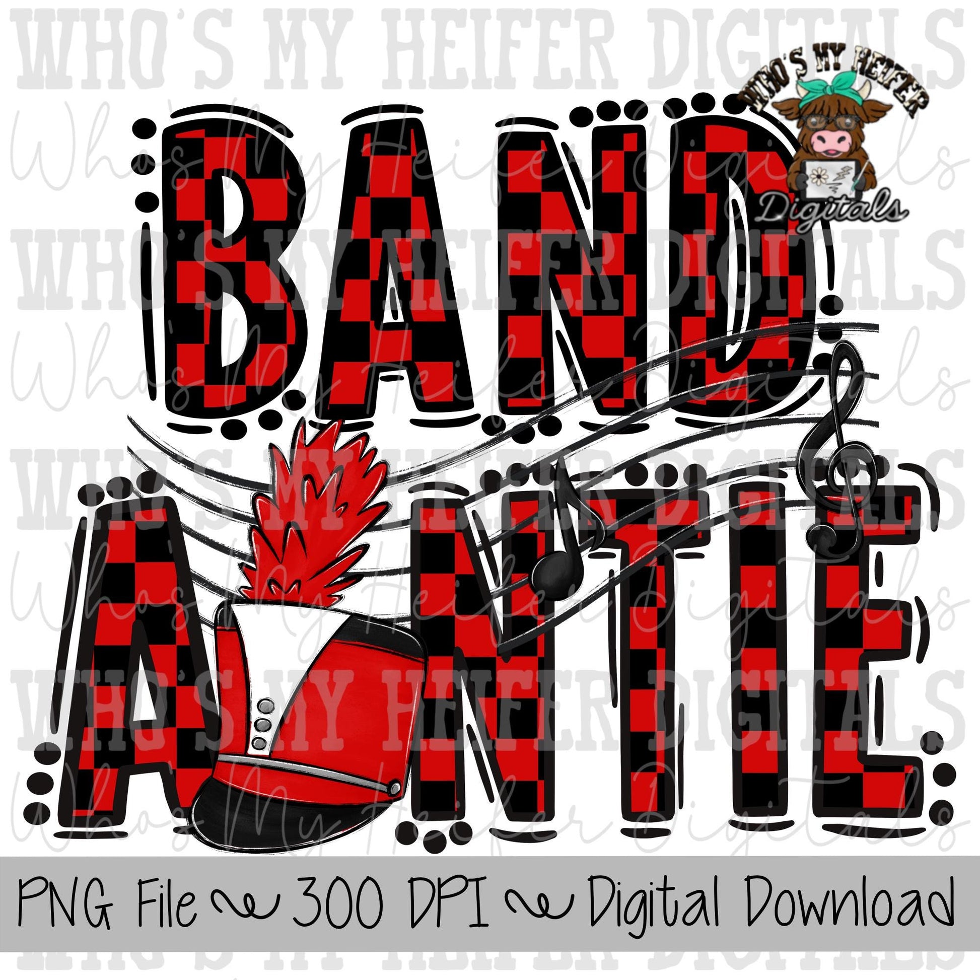 Red and Black Band Auntie PNG Hand Drawn Checkered Band Aunt Sublimation PNG Band Game Day Shirt Design Marching Band Auntie Digital Art