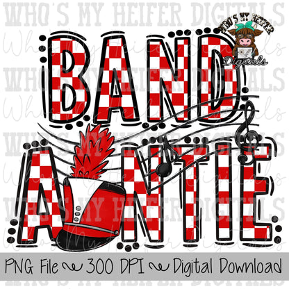 Red and White Band Auntie PNG Hand Drawn Checkered Band Aunt Sublimation PNG Band Game Day Shirt Design Marching Band Auntie Digital Art