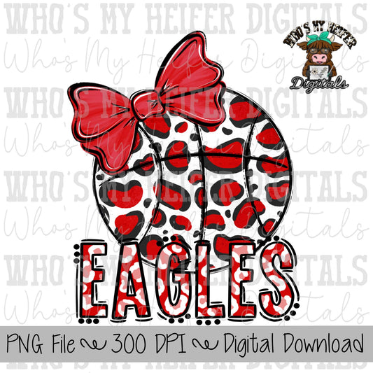 Red & White Eagles PNG Hand Drawn Basketball with Bow Sublimation PNG Game Day Shirt Design School Spirit PNG Leopard Eagle Doodle Art