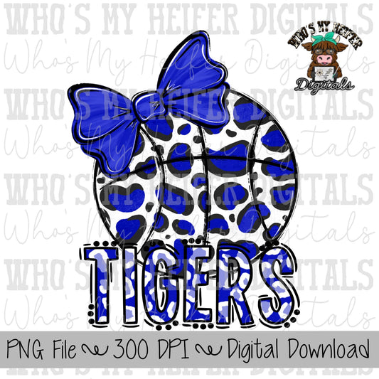 Blue & White Tiger PNG Hand Drawn Basketball with Bow Sublimation PNG Game Day Shirt Design School Spirit PNG Leopard Tiger Digital Art