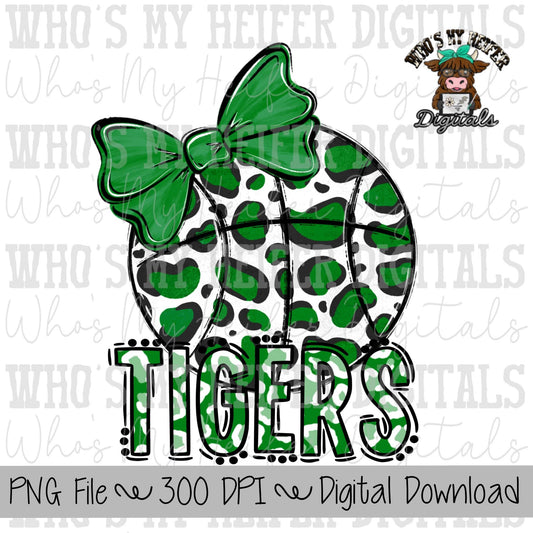 Green & White Tiger PNG Hand Drawn Basketball with Bow Sublimation PNG Game Day Shirt Design School Spirit PNG Leopard Tiger Digital Art