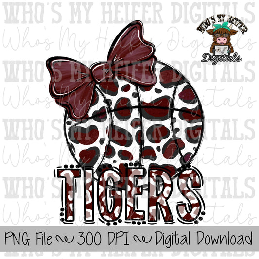 Maroon & White Tiger PNG Hand Drawn Basketball with Bow Sublimation PNG Game Day Shirt Design School Spirit PNG Leopard Tiger Digital Art