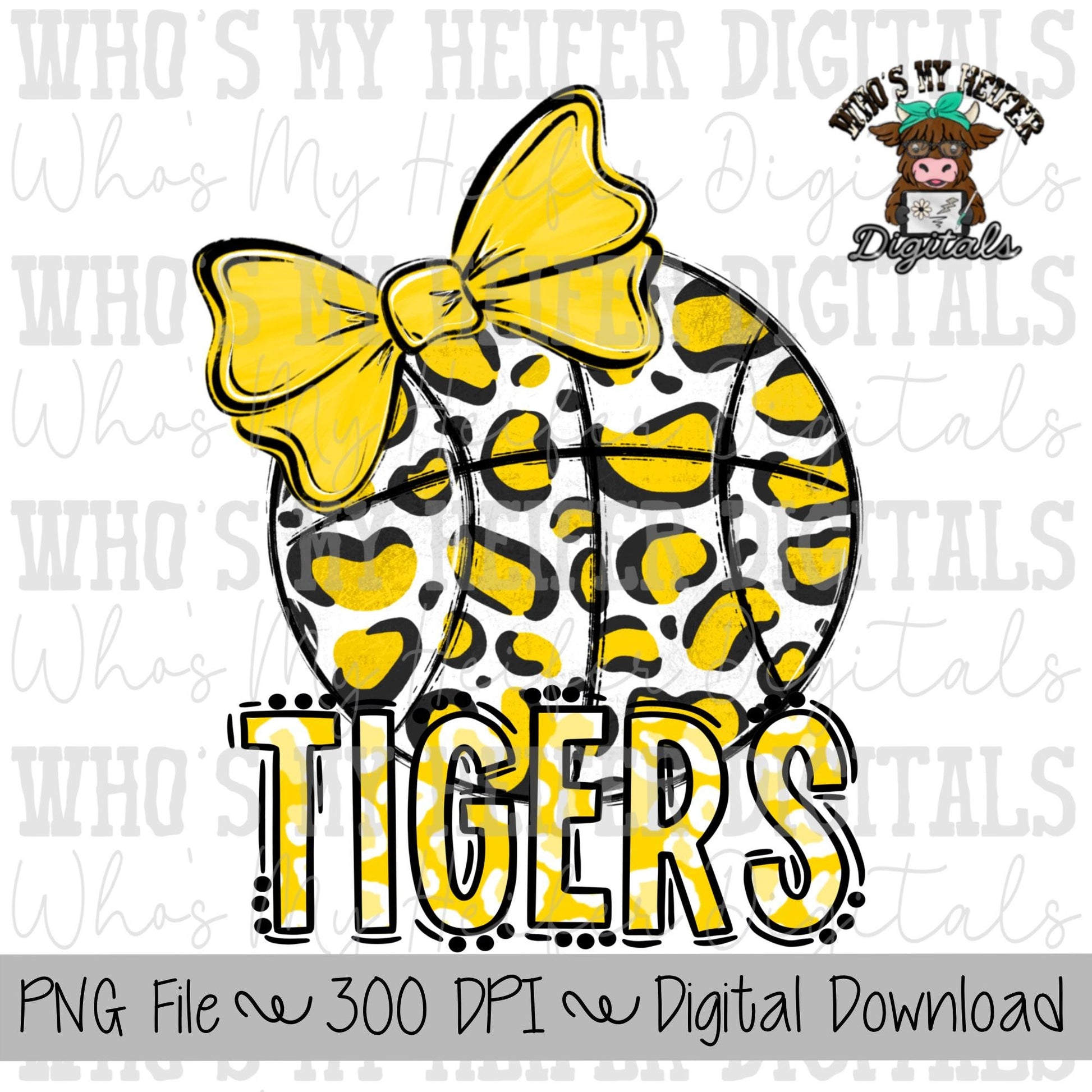 Yellow & White Tiger PNG Hand Drawn Basketball with Bow Sublimation PNG Game Day Shirt Design School Spirit PNG Leopard Tiger Digital Art