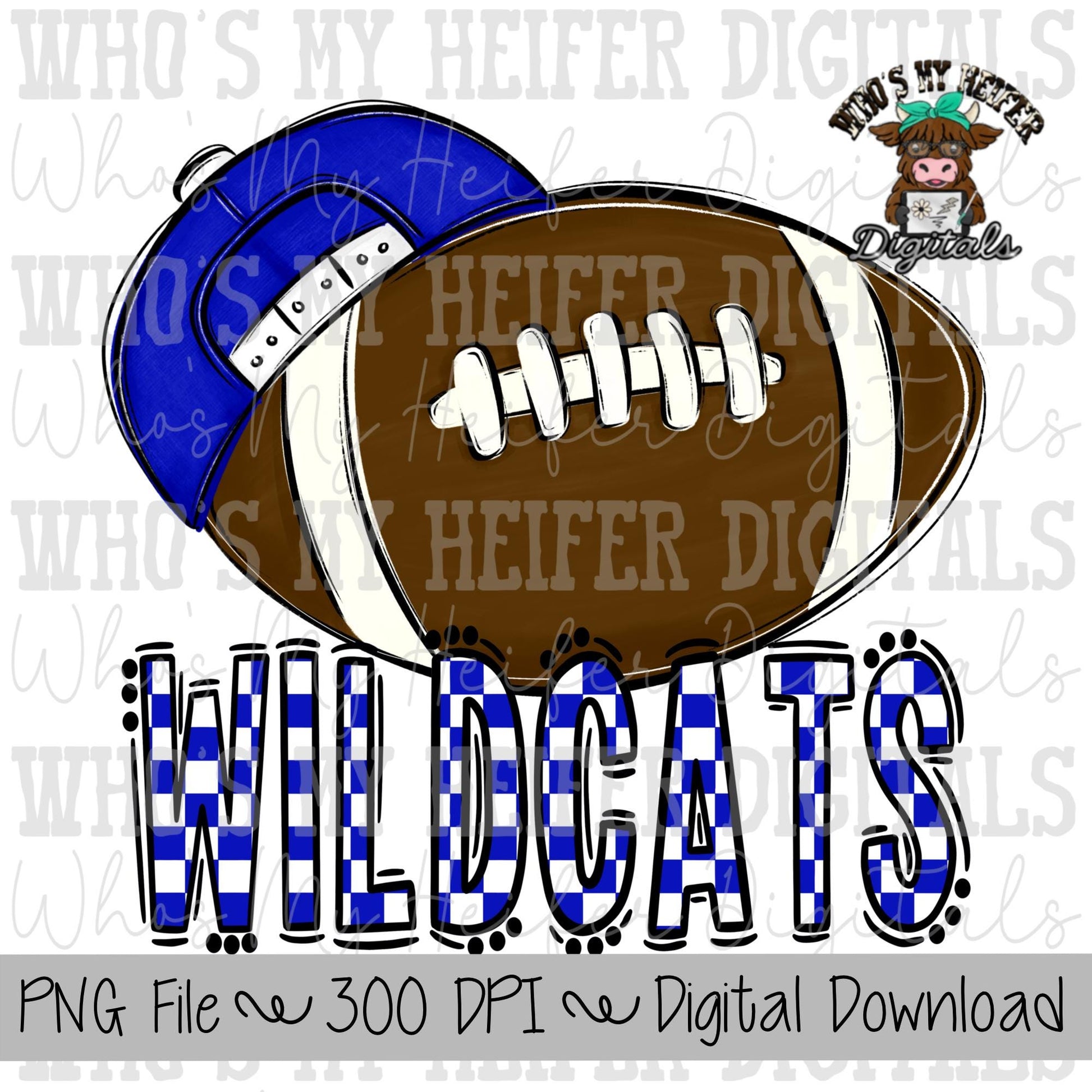 Blue & White Wildcat PNG Hand Drawn Football with Hat Sublimation PNG Game Day Shirt Design School Spirit PNG Checkered Wildcats Doodle Art