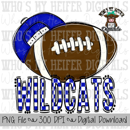 Blue & White Wildcat PNG Hand Drawn Football with Hat Sublimation PNG Game Day Shirt Design School Spirit PNG Checkered Wildcats Doodle Art