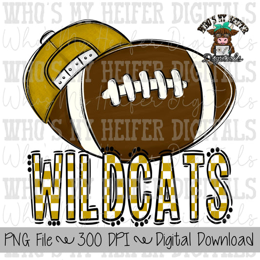 Gold & White Wildcat PNG Hand Drawn Football with Hat Sublimation PNG Game Day Shirt Design School Spirit PNG Checkered Wildcats Doodle Art