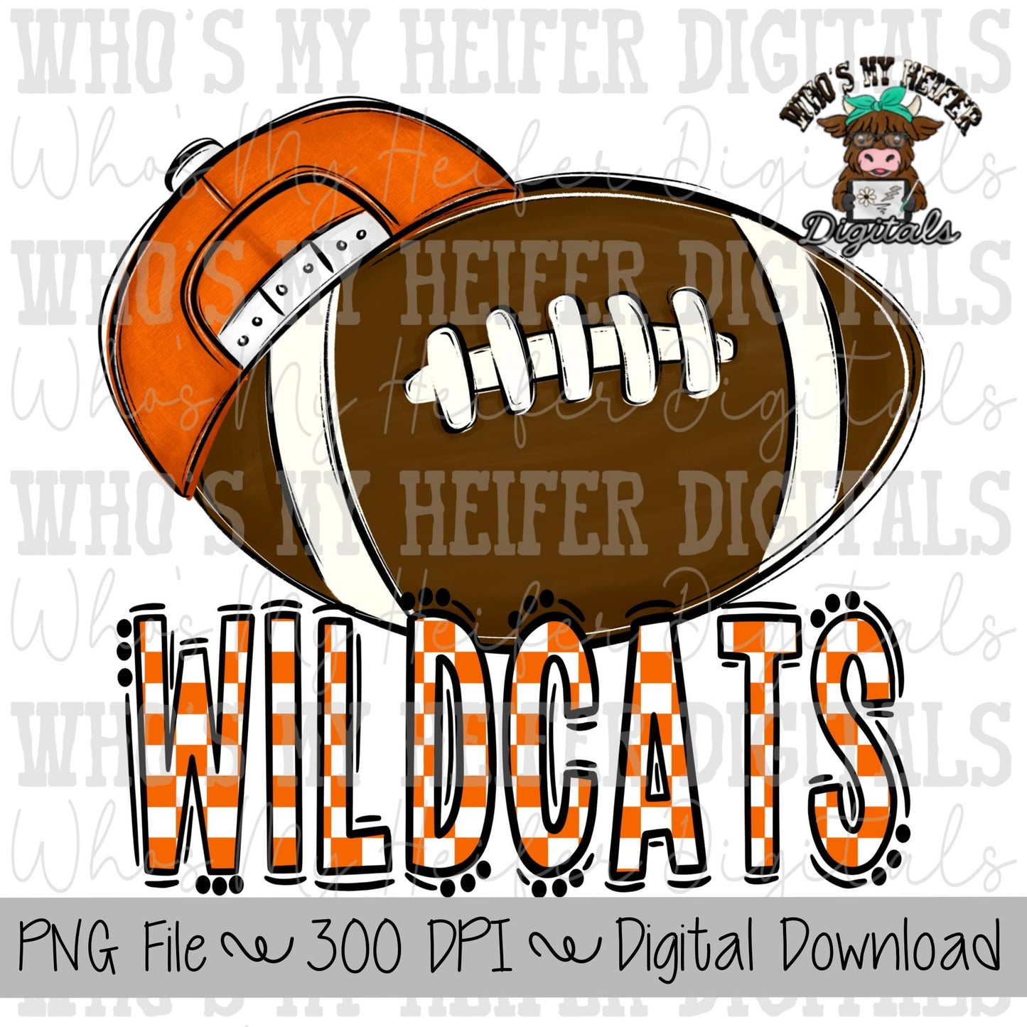 Orange & White Wildcat PNG Hand Drawn Football with Hat Sublimation PNG Game Day Shirt Design School Spirit PNG Checkered Wildcats Doodle