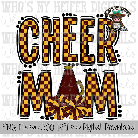 Burgundy & Gold Cheer Mom PNG Hand Drawn Cheerleader Mom Sublimation Design Game Day Shirt Design Checkered Cheer Mama Digital Download
