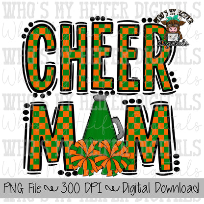 Green & Orange Cheer Mom PNG Hand Drawn Cheerleader Mom Sublimation Design Game Day Shirt Design Checkered Cheer Mama Digital Download