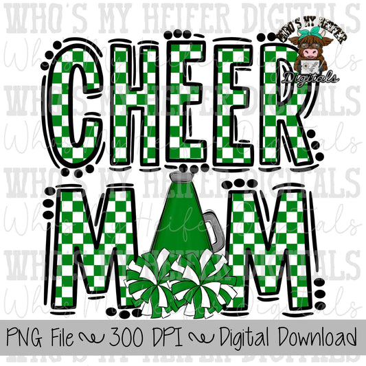 Green and White Cheer Mom PNG Hand Drawn Cheerleader Mom Sublimation Design Game Day Shirt Design Checkered Cheer Mama Digital Download