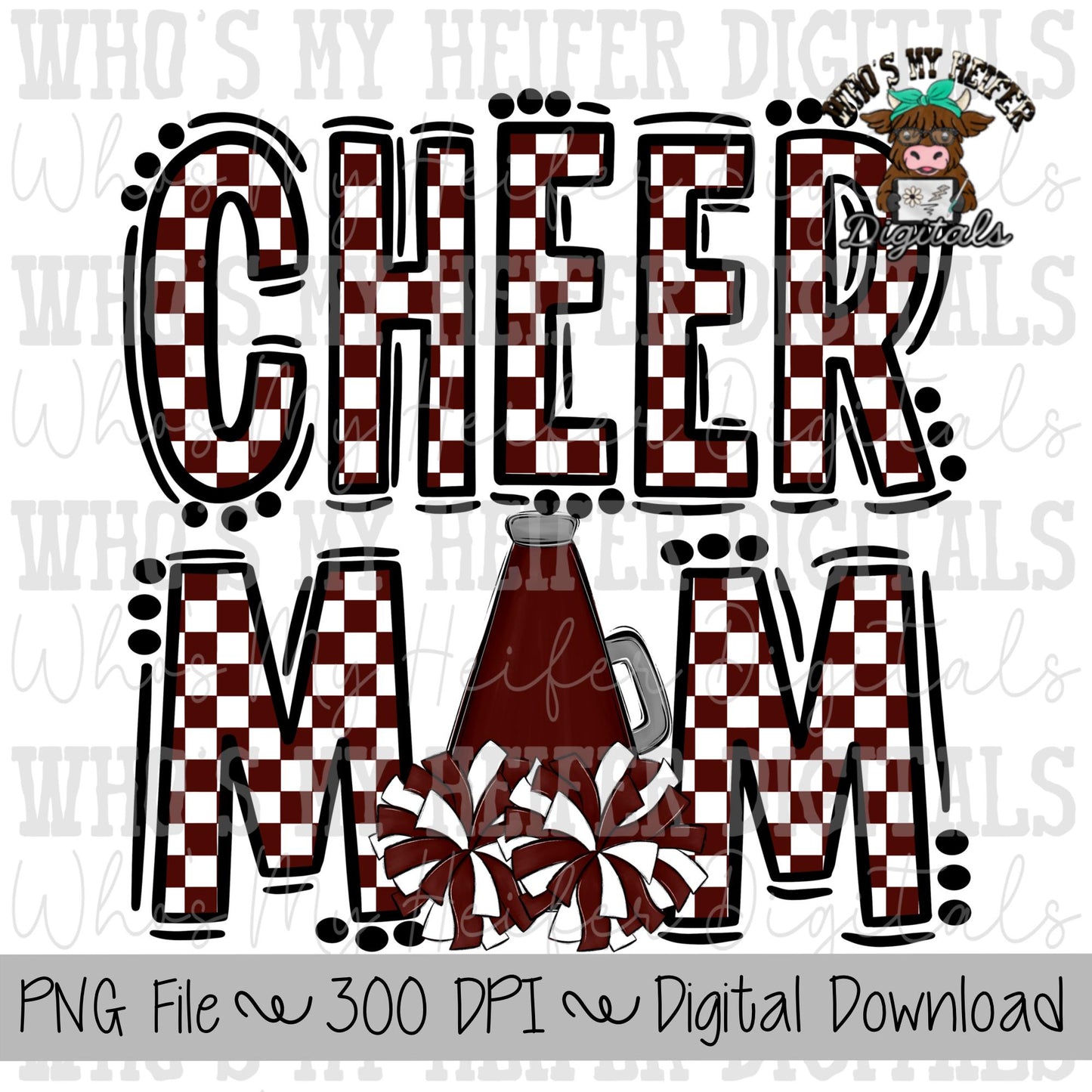 Maroon and White Cheer Mom PNG Hand Drawn Cheerleader Mom Sublimation Design Game Day Shirt Design Checkered Cheer Mama Digital Download