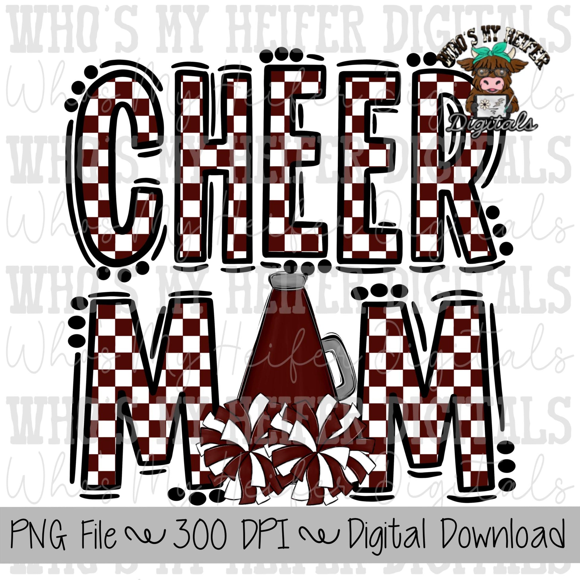 Maroon and White Cheer Mom PNG Hand Drawn Cheerleader Mom Sublimation Design Game Day Shirt Design Checkered Cheer Mama Digital Download