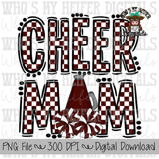 Maroon and White Cheer Mom PNG Hand Drawn Cheerleader Mom Sublimation Design Game Day Shirt Design Checkered Cheer Mama Digital Download