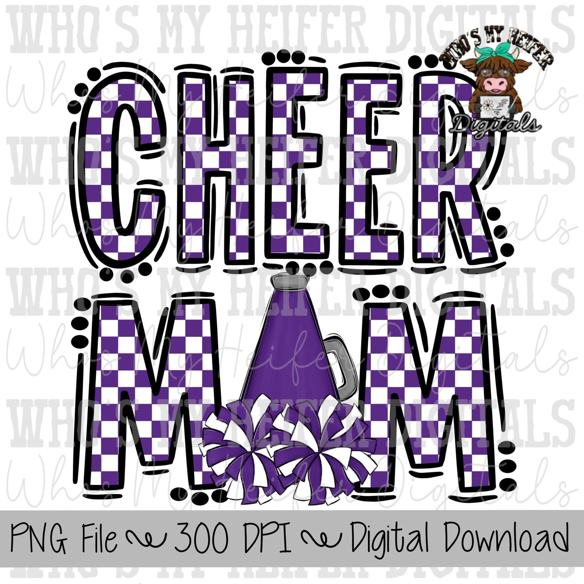 Purple and White Cheer Mom PNG Hand Drawn Cheerleader Mom Sublimation Design Game Day Shirt Design Checkered Cheer Mama Digital Download