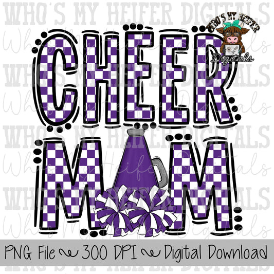 Purple and White Cheer Mom PNG Hand Drawn Cheerleader Mom Sublimation Design Game Day Shirt Design Checkered Cheer Mama Digital Download
