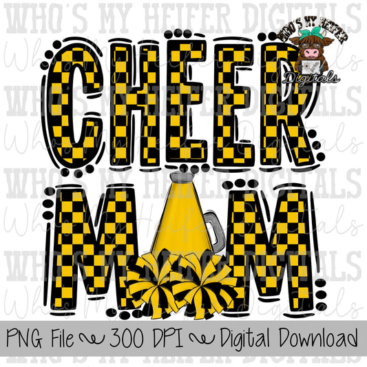 Yellow and Black Cheer Mom PNG Hand Drawn Cheerleader Mom Sublimation Design Game Day Shirt Design Checkered Cheer Mama Digital Download