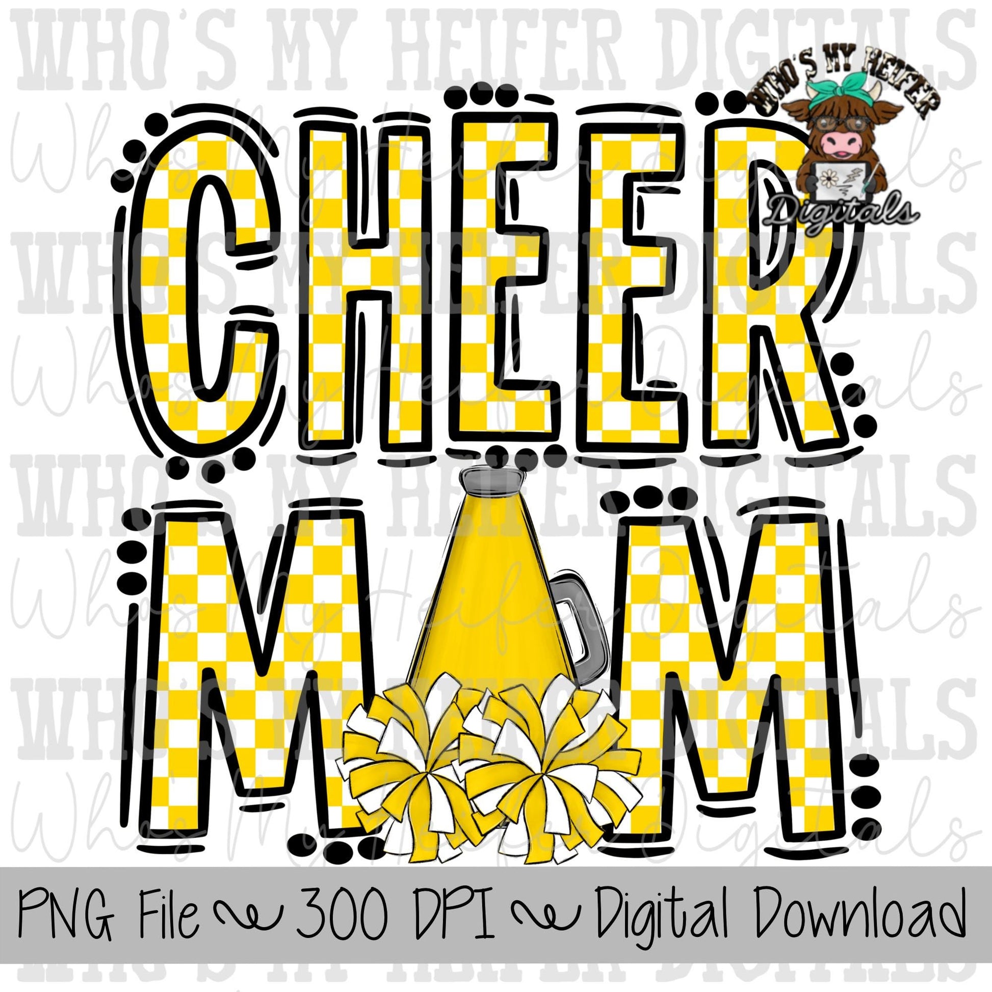 Yellow and White Cheer Mom PNG Hand Drawn Cheerleader Mom Sublimation Design Game Day Shirt Design Checkered Cheer Mama Digital Download