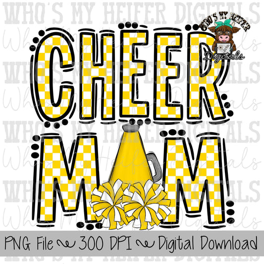 Yellow and White Cheer Mom PNG Hand Drawn Cheerleader Mom Sublimation Design Game Day Shirt Design Checkered Cheer Mama Digital Download