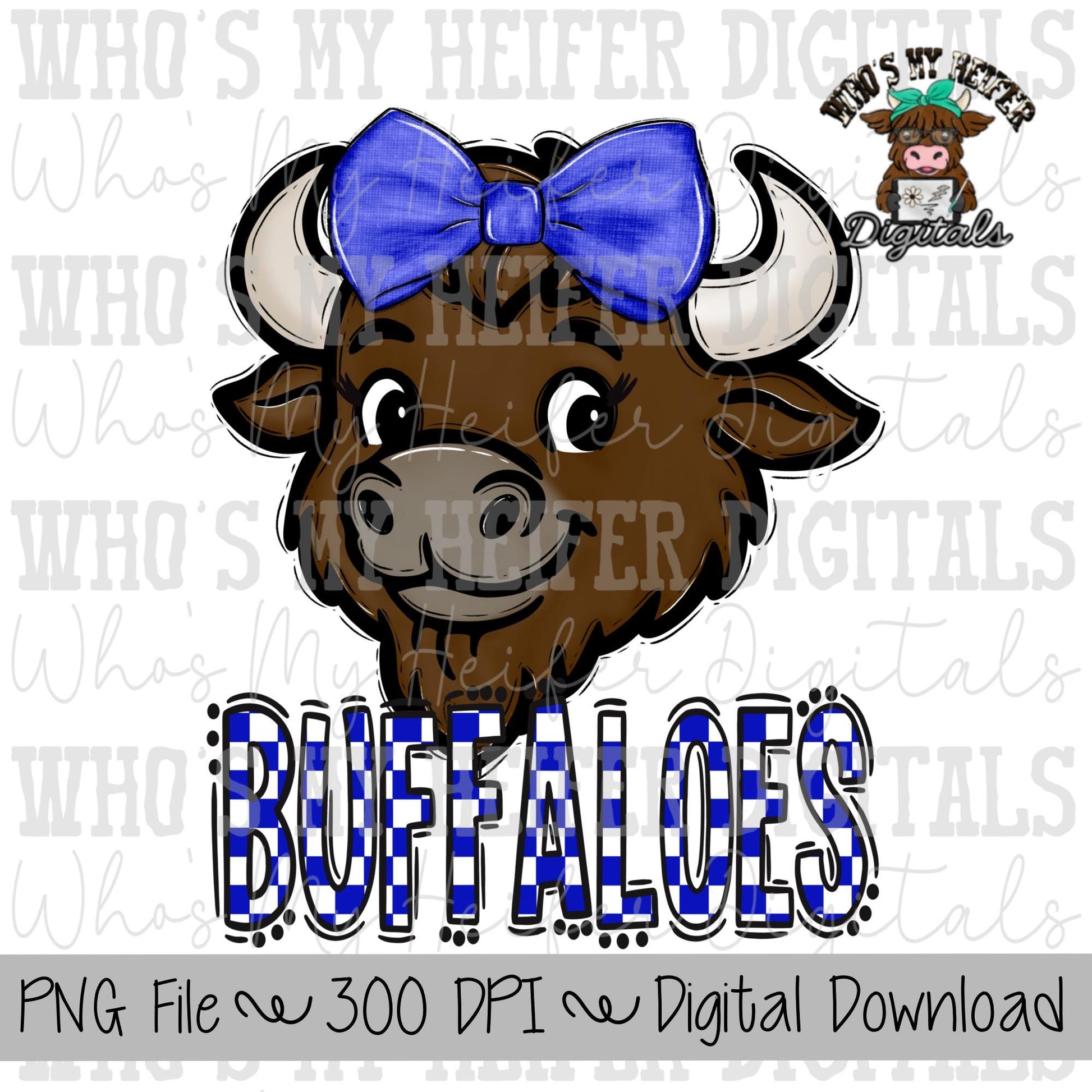 Blue & White Buffalo PNG Hand Drawn Buffalo with Bow Sublimation PNG Game Day Shirt Designs School Spirit PNG Checkered Buffaloes Doodle Art