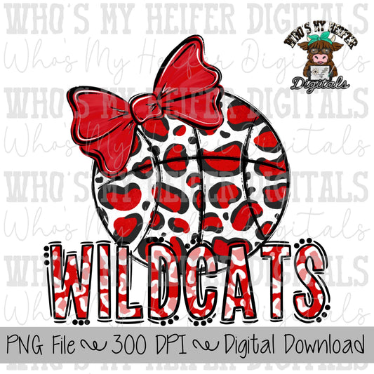 Red & White Wildcat PNG Hand Drawn Basketball with Bow Sublimation PNG Game Day Shirt Design School Spirit PNG Leopard Wildcat Doodle Art