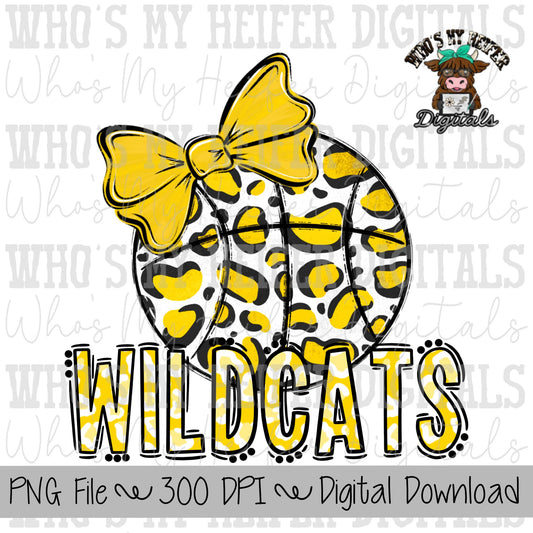 Yellow & White Wildcat PNG Hand Drawn Basketball with Bow Sublimation PNG Game Day Shirt Design School Spirit PNG Leopard Wildcat Doodle Art