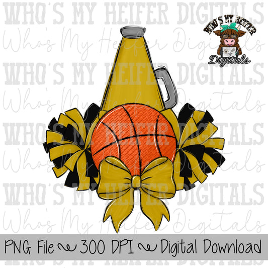 Gold and Black Basketball Cheer PNG Hand Drawn Basketball, Pompoms, & Cheer Bow Sublimation Design Girl Game Day Shirt Design Cheer Clipart