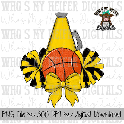 Custom Basketball Cheer PNG Hand Drawn Basketball, Pompoms, & Cheer Bow Sublimation PNG Girl Game Day Shirt Design Customized Cheer Clipart