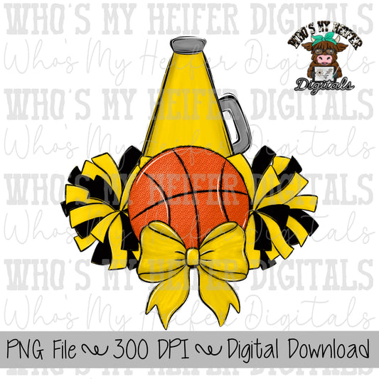Yellow and Black Basketball Cheer PNG Hand Drawn Basketball, Pompoms, & Cheer Bow Sublimation PNG Girl Game Day Shirt Design Cheer Clipart