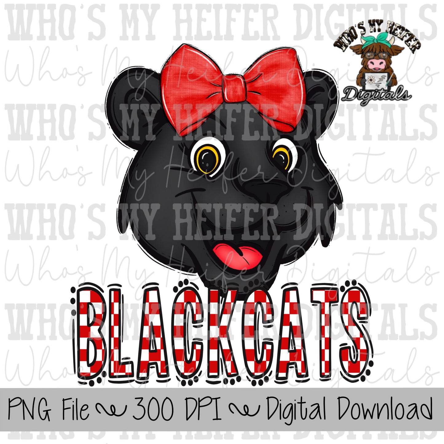 Red & White Blackcat PNG Hand Drawn Blackcat with Bow Sublimation PNG Game Day Shirt Designs School Spirit PNG Checkered Blackcat Doodle Art