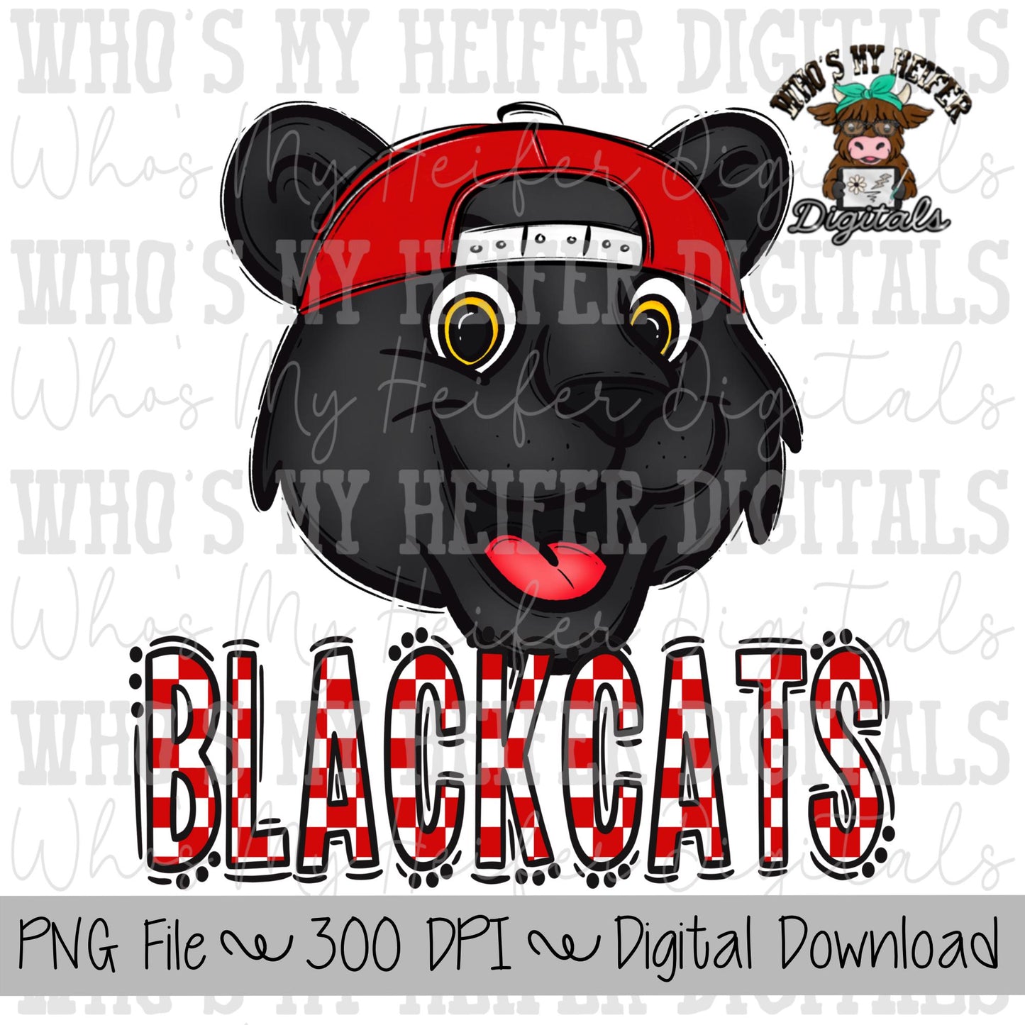Red & White Blackcat PNG Hand Drawn Blackcat with Hat Sublimation PNG Game Day Shirt Designs School Spirit PNG Checkered Blackcat Doodle Art