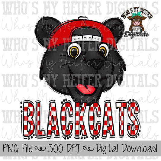 Red & White Blackcat PNG Hand Drawn Blackcat with Hat Sublimation PNG Game Day Shirt Designs School Spirit PNG Checkered Blackcat Doodle Art