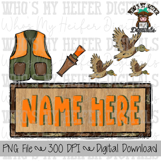 Duck Hunting Name Block Sublimation PNG Hand Drawn Hunters Vest & Duck Call PNG File Boy Hunting Shirt Design Kids Camouflage Doodle Art