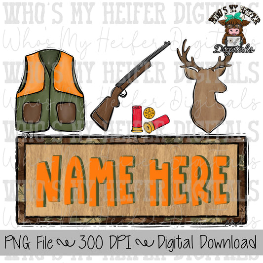 Deer Hunting Name Block Sublimation PNG Hand Drawn Hunters Vest & Buck PNG File Boy Hunting Shirt Design Kids Camouflage Doodle Art Buck