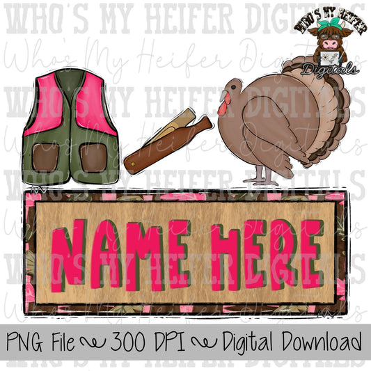 Turkey Hunting Name Block Sublimation PNG Hand Drawn Hunters Vest & Turkey Call PNG Girl Hunting Shirt Design Kids Camouflage Doodle Art