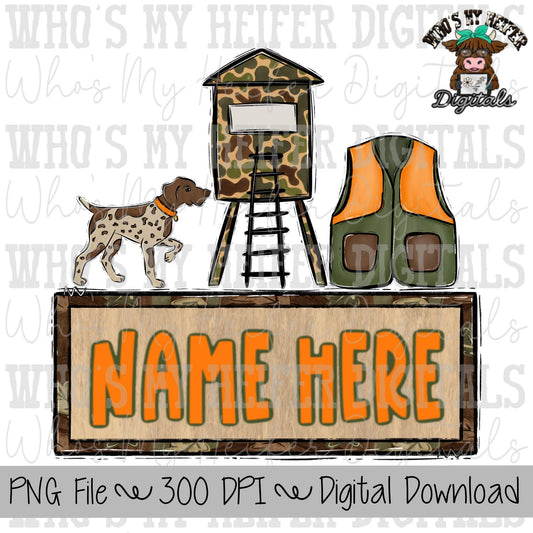 Hunting Season Name Block Sublimation PNG Hand Drawn Hunters Vest, Hunting Stand & Pointer Dog PNG Kids Hunting Shirt Design Camo Doodle Art