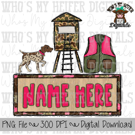 Hunting Season Name Block Sublimation PNG Hand Drawn Hunters Vest, Hunting Stand & Pointer Dog PNG Kids Hunting Shirt Design Camo Doodle Art