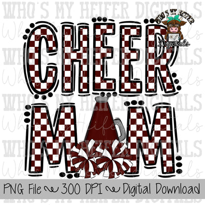 Custom Cheer Mom PNG Hand Drawn Cheerleader Mom Sublimation Design Game Day Shirt Designs Checkered Cheer Mama Digital Download Clipart