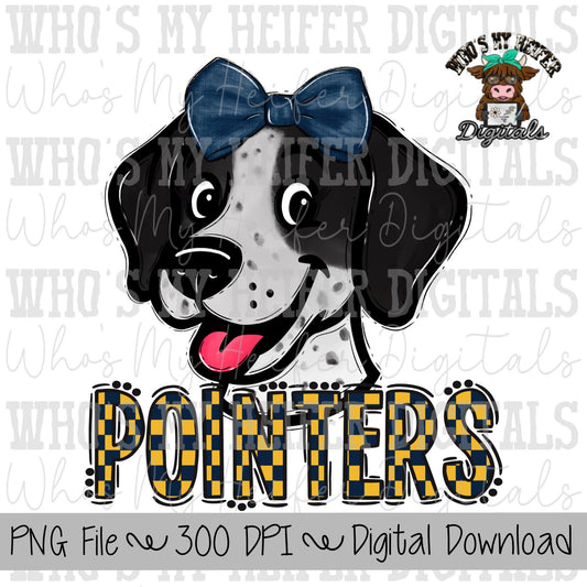 Navy & Yellow Pointers PNG Hand Drawn Pointer with Bow Sublimation PNG Game Day Shirt Designs School Spirit PNG Checkered Pointer Kid Mascot