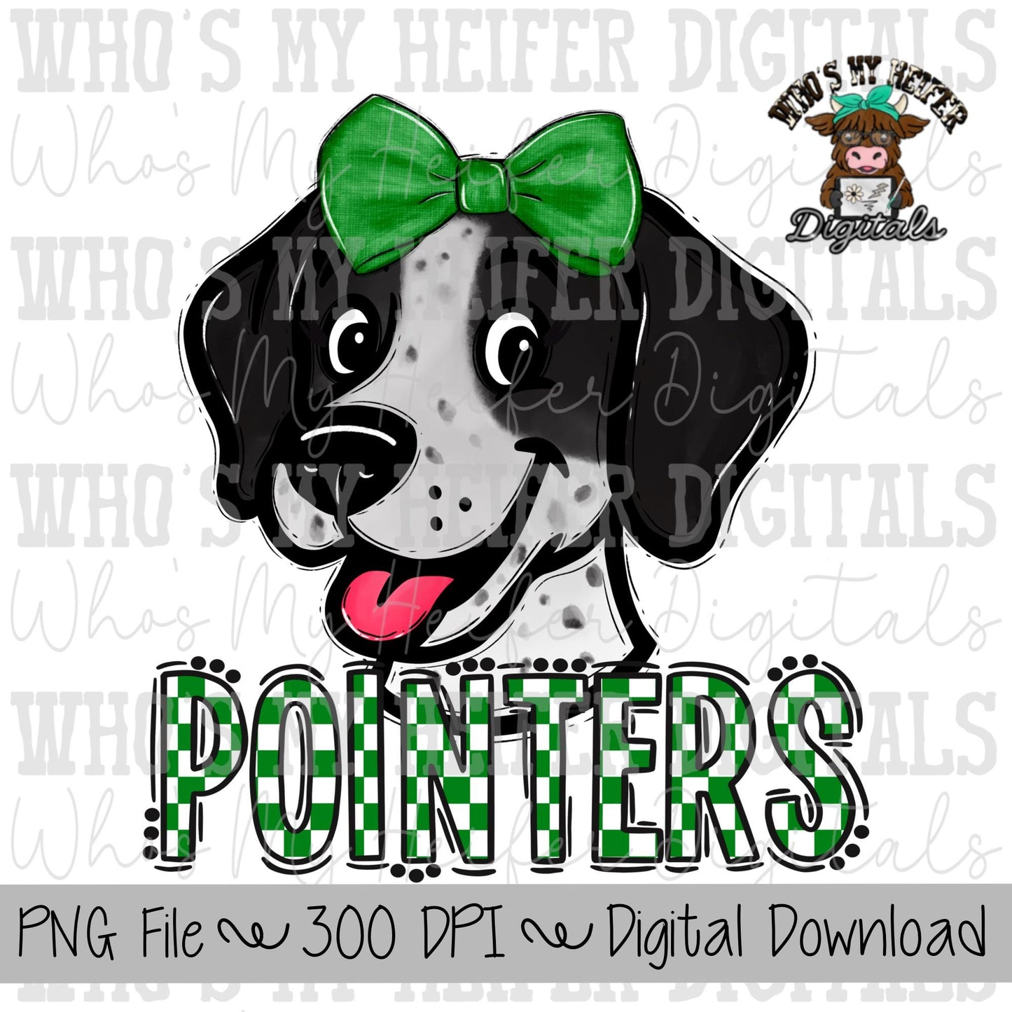 Green & White Pointers PNG Hand Drawn Pointer with Bow Sublimation PNG Game Day Shirt Designs School Spirit PNG Checkered Pointer Kid Mascot