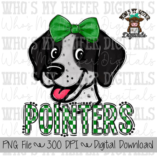 Green & White Pointers PNG Hand Drawn Pointer with Bow Sublimation PNG Game Day Shirt Designs School Spirit PNG Checkered Pointer Kid Mascot