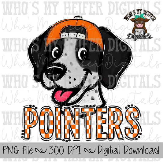 Orange & White Pointers PNG Hand Drawn Pointer with Hat Sublimation PNG Game Day Shirt Design School Spirit PNG Checkered Pointer Kid Mascot