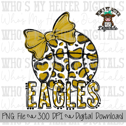 Gold & White Eagles PNG Hand Drawn Basketball with Bow Sublimation PNG Game Day Shirt Design School Spirit PNG Leopard Eagle Doodle Art