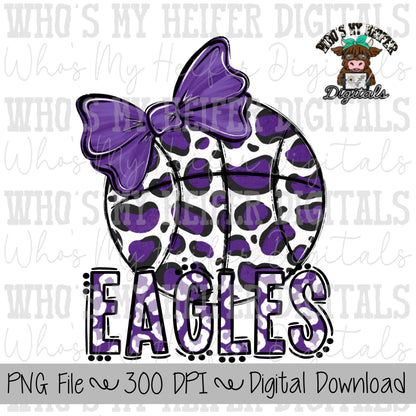 Purple & White Eagles PNG Hand Drawn Basketball with Bow Sublimation PNG Game Day Shirt Design School Spirit PNG Leopard Eagle Doodle Art