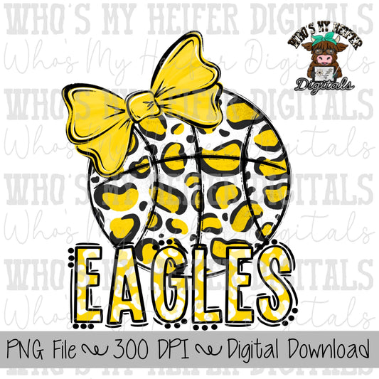 Yellow & White Eagles PNG Hand Drawn Basketball with Bow Sublimation PNG Game Day Shirt Design School Spirit PNG Leopard Eagle Doodle Art