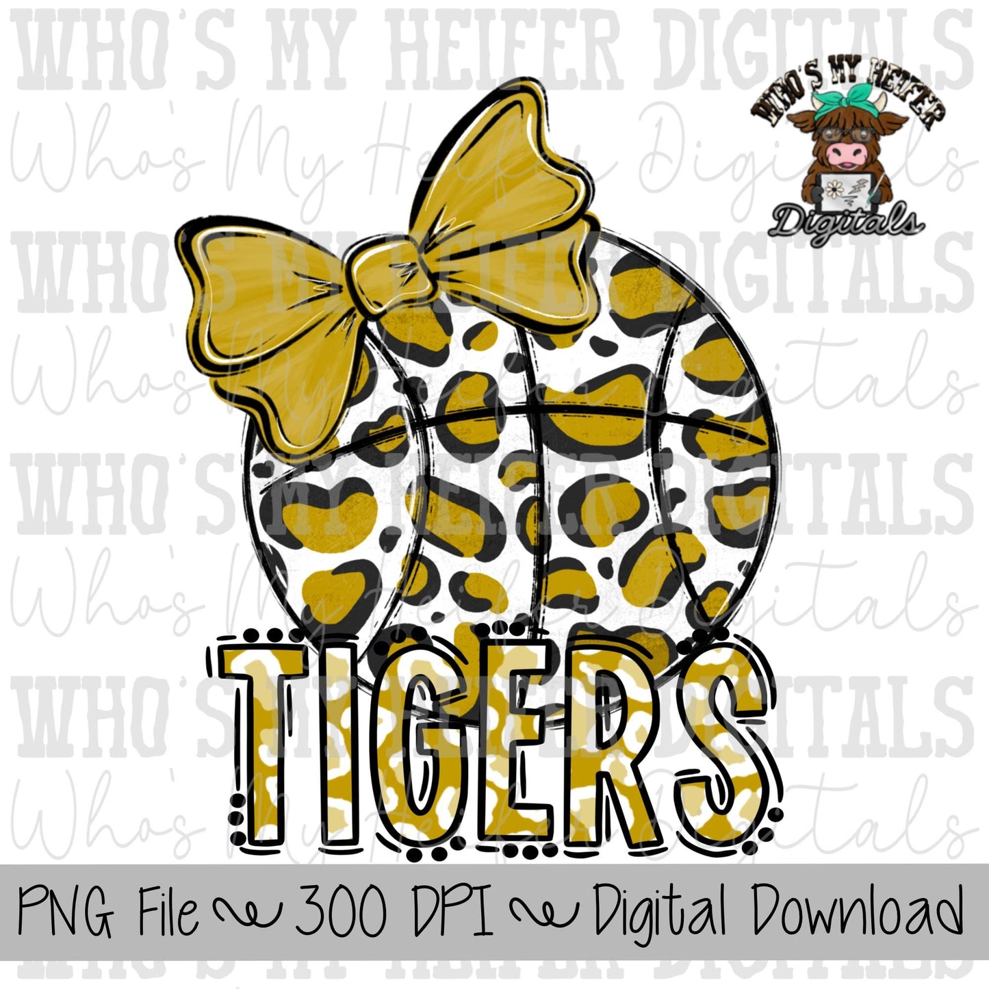 Gold & White Tiger PNG Hand Drawn Basketball with Bow Sublimation PNG Game Day Shirt Design School Spirit PNG Leopard Tiger Digital Art